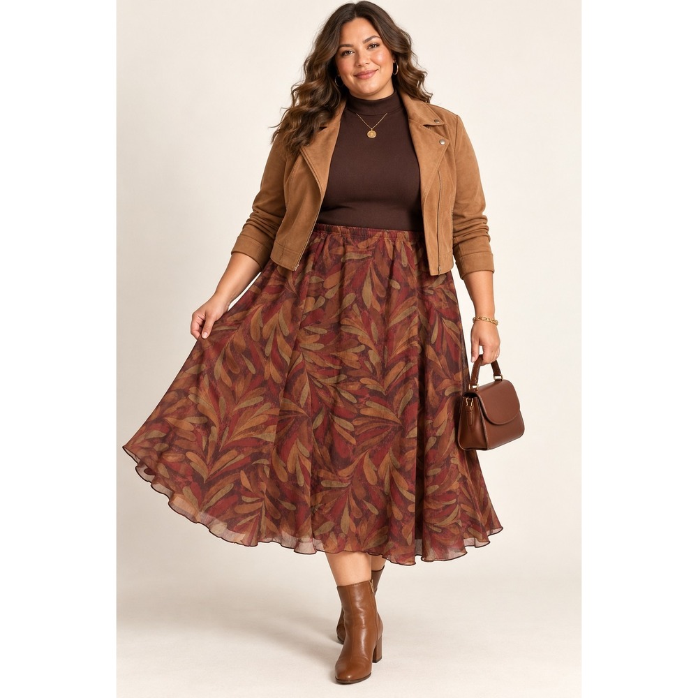 Womens Plus 22W Chiffon Midi Skirt Brown Leaf Print Boho Earthy Lagenlook Flowy